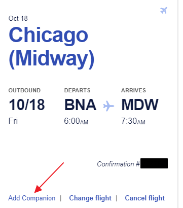 Southwest Airlines Companion Pass add to reservation