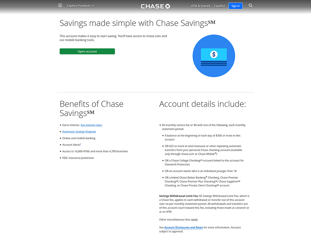 Preview of Chase online savings bank account webpage
